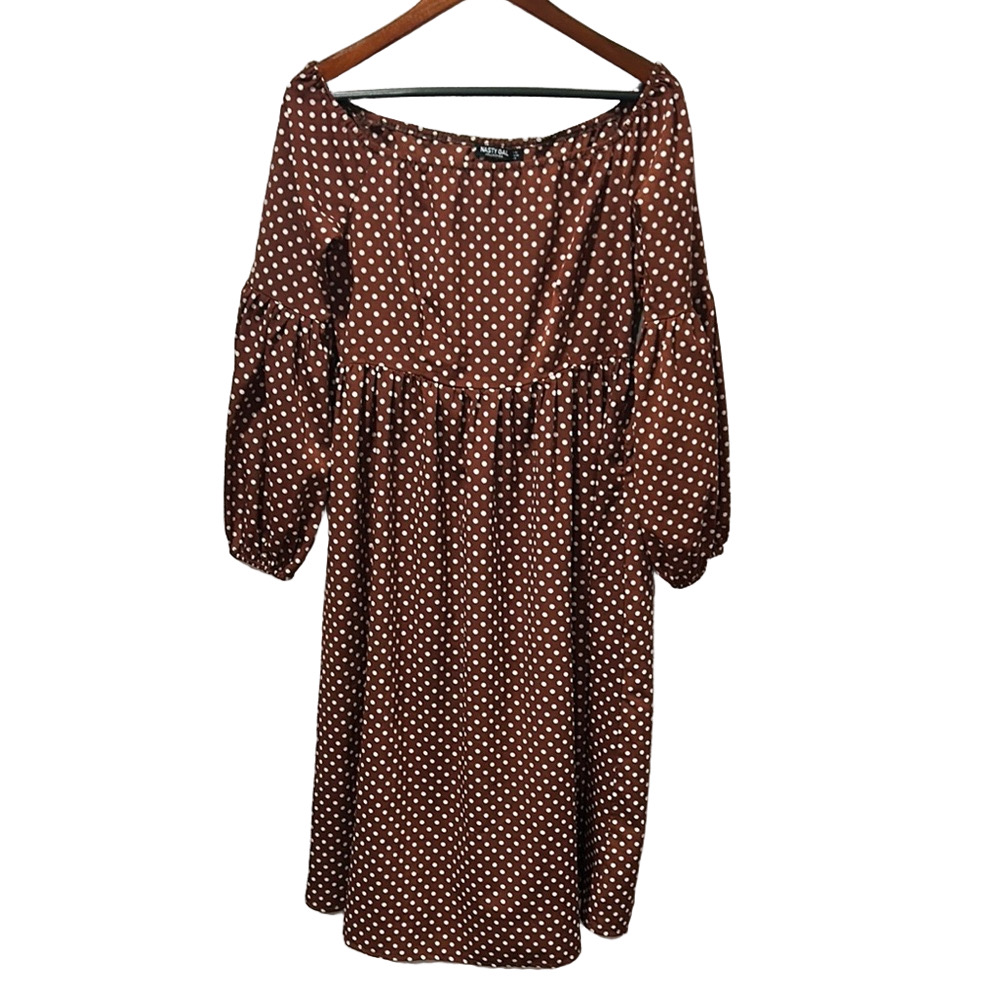 Nasty Gal Brown and white polka dot bell sleeve dress size 8 GUC